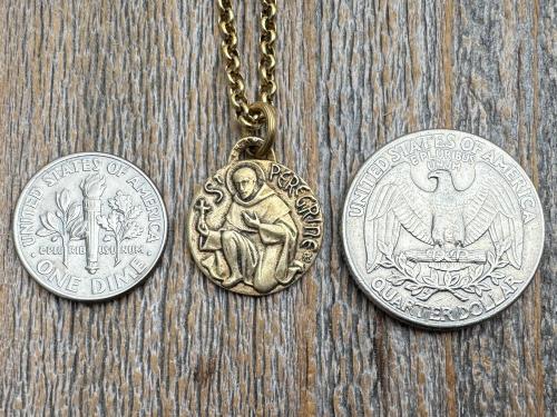 Antique Gold St. Peregrine Medallion - Antique Replica of Small French Medal - Patron Saint of Cancer - Saint Peregrinus Laziosi, Pellegrino