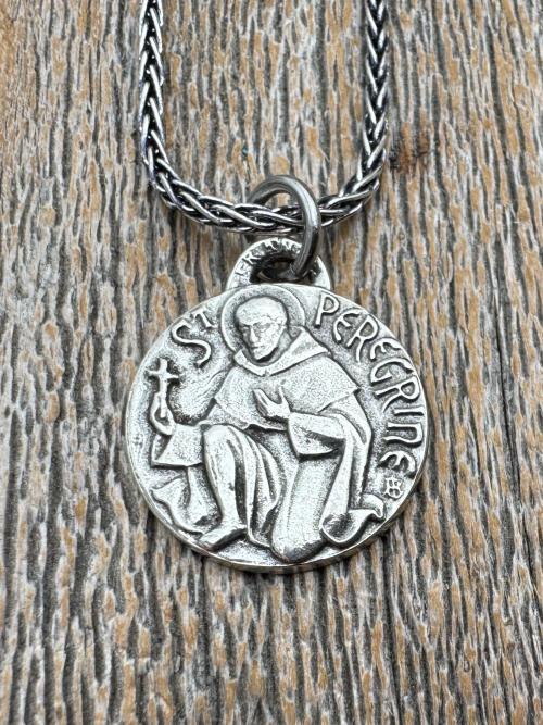 St. Peregrine Sterling Silver Antique Replica Medallion - Patron Saint of Cancer - Saint Peregrinus Laziosi, Pellegrino - Small French Medal