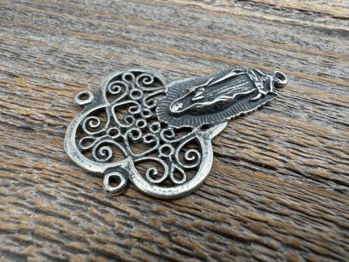 Large Our Lady of Guadalupe Rosary Center, Sterling Silver or Bronze, Antique Replica Big Rosary Centerpiece, Blessed Virgin Mary Parts
