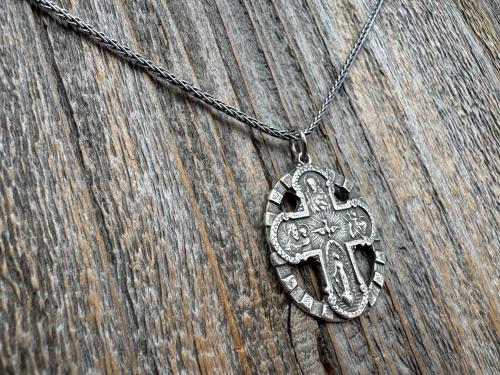 Sterling Silver 5-Way Cross Medal Necklace, Antique Reproduction Scapular, 4-Way Catholic Unisex Pendant, Sacred Heart, Miraculous Medal