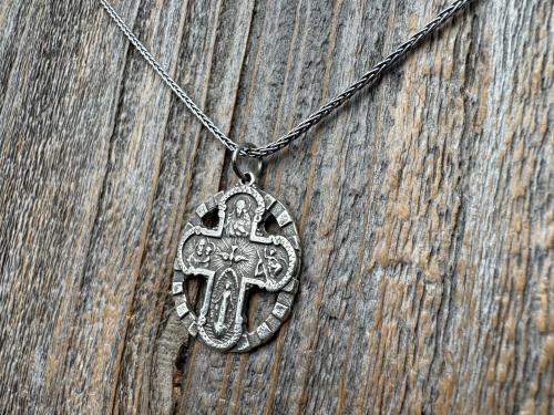 Sterling Silver 5-Way Cross Medal Necklace, Antique Reproduction Scapular, 4-Way Catholic Unisex Pendant, Sacred Heart, Miraculous Medal