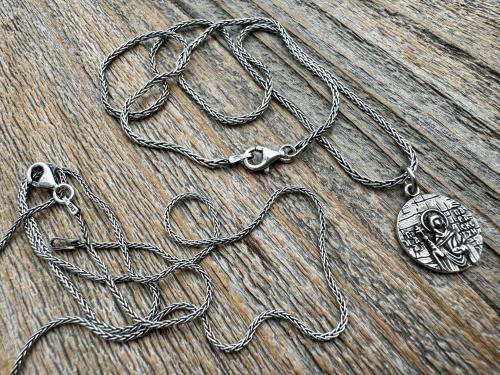Sterling Silver St Paraskeva (St. Paraskeve) Medallion, Small Round Antique Replica, Orthodox Saint Paraskevi Pendant
