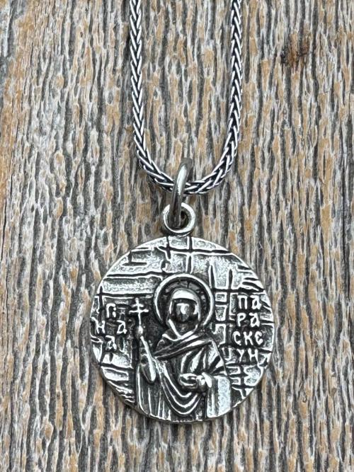 Sterling Silver St Paraskeva (St. Paraskeve) Medallion, Small Round Antique Replica, Orthodox Saint Paraskevi Pendant