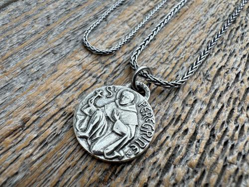 St. Peregrine Sterling Silver Antique Replica Medallion - Patron Saint of Cancer - Saint Peregrinus Laziosi, Pellegrino - Small French Medal