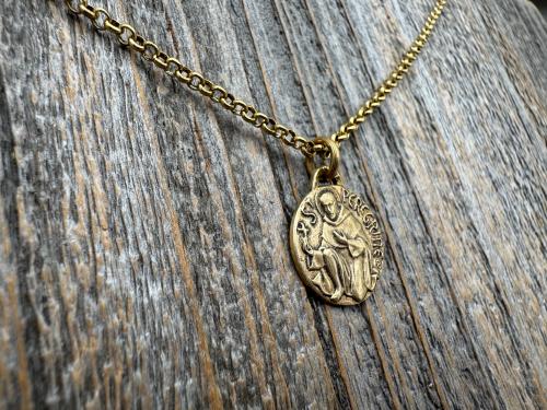 Antique Gold St. Peregrine Medallion - Antique Replica of Small French Medal - Patron Saint of Cancer - Saint Peregrinus Laziosi, Pellegrino