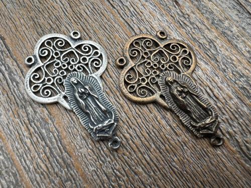 Large Our Lady of Guadalupe Rosary Center, Sterling Silver or Bronze, Antique Replica Big Rosary Centerpiece, Blessed Virgin Mary Parts