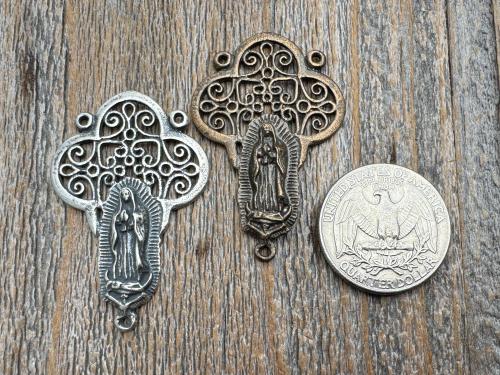 Large Our Lady of Guadalupe Rosary Center, Sterling Silver or Bronze, Antique Replica Big Rosary Centerpiece, Blessed Virgin Mary Parts