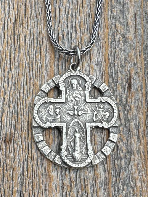 Sterling Silver 5-Way Cross Medal Necklace, Antique Reproduction Scapular, 4-Way Catholic Unisex Pendant, Sacred Heart, Miraculous Medal
