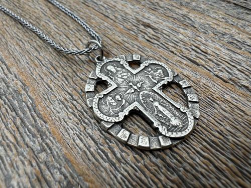 Sterling Silver 5-Way Cross Medal Necklace, Antique Reproduction Scapular, 4-Way Catholic Unisex Pendant, Sacred Heart, Miraculous Medal