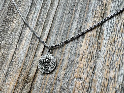 Sterling Silver St Paraskeva (St. Paraskeve) Medallion, Small Round Antique Replica, Orthodox Saint Paraskevi Pendant