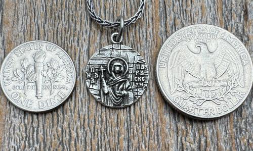 Sterling Silver St Paraskeva (St. Paraskeve) Medallion, Small Round Antique Replica, Orthodox Saint Paraskevi Pendant