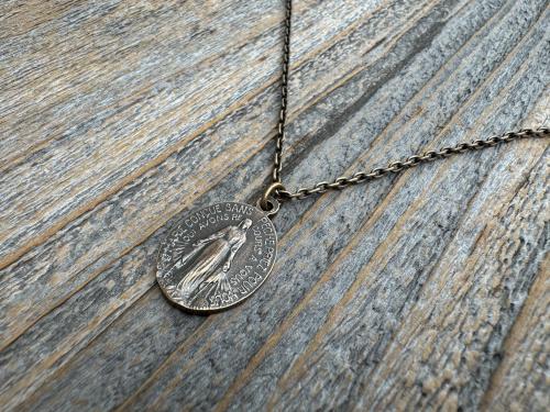 Bronze Oval French Miraculous Medal Pendant, Antique Replica of Rare Adolph Penin Signed Miraculous Medallion from France, Antiqued