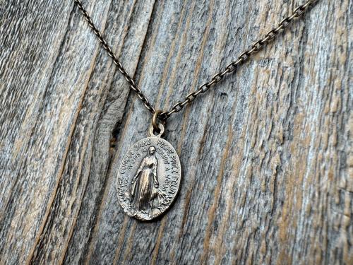 Bronze Oval French Miraculous Medal Pendant, Antique Replica of Rare Adolph Penin Signed Miraculous Medallion from France, Antiqued
