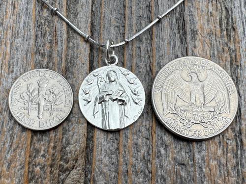 Fertility Saint Colette of Corbie Shiny Sterling Silver Medallion Pendant, Antique Replica French Artist Tricard, Saint of Expectant Mothers