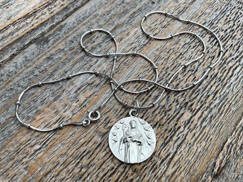 Fertility Saint Colette of Corbie Shiny Sterling Silver Medallion Pendant, Antique Replica French Artist Tricard, Saint of Expectant Mothers