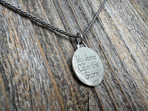 Antiqued Sterling Silver Jesus Calms the Storm Pendant, Antique Replica of Rare Medallion, Hand Engraved "My Jesus Calm the Storm", Necklace