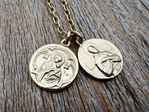 Gold St Gerard & St Colette Cluster Necklace, Patron Saints of Fertility and Expectant Mothers, Antique Replicas of French Medals Pendants