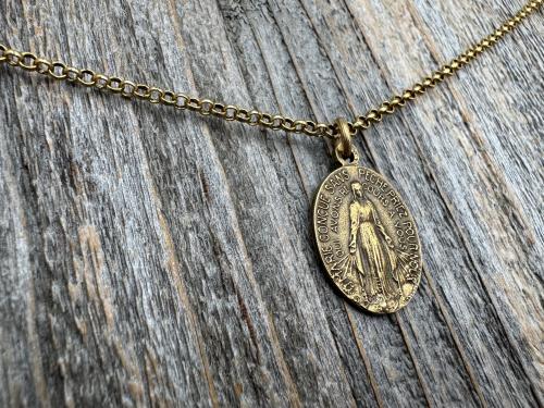 Antiqued Gold Oval French Miraculous Medal Pendant, Antique Replica of Rare Adolph Penin Signed Medallion from France, French Piece of Art