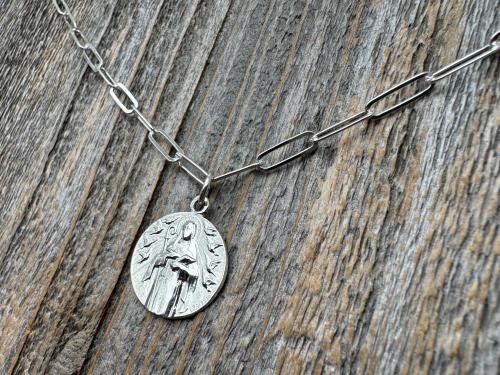 Fertility Saint Colette of Corbie Shiny Sterling Silver Medallion Pendant, Antique Replica French Artist Tricard, Saint of Expectant Mothers