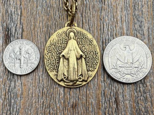 Antiqued Gold (non-maintenance) Large French Miraculous Medal with Fancy Ring, Antique Replica Signed by PCH & JB, Medallion from France MM1