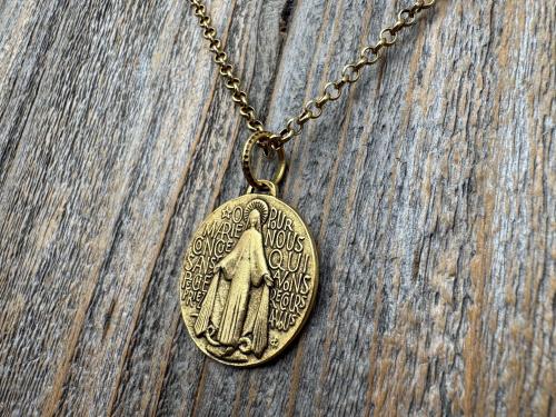 Antiqued Gold (non-maintenance) Large French Miraculous Medal with Fancy Ring, Antique Replica Signed by PCH & JB, Medallion from France MM1