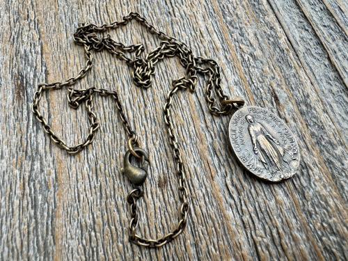 Bronze Oval French Miraculous Medal Pendant, Antique Replica of Rare Adolph Penin Signed Miraculous Medallion from France, Antiqued