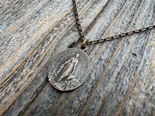 Bronze Oval French Miraculous Medal Pendant, Antique Replica of Rare Adolph Penin Signed Miraculous Medallion from France, Antiqued