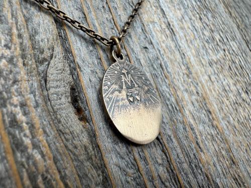Bronze Oval French Miraculous Medal Pendant, Antique Replica of Rare Adolph Penin Signed Miraculous Medallion from France, Antiqued