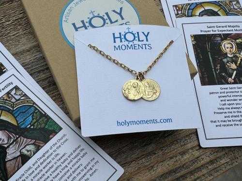 Gold St Gerard & St Colette Cluster Necklace, Patron Saints of Fertility and Expectant Mothers, Antique Replicas of French Medals Pendants