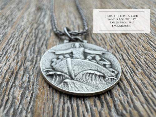 Antiqued Sterling Silver Jesus Calms the Storm Pendant, Antique Replica of Rare Medallion, Hand Engraved "My Jesus Calm the Storm", Necklace