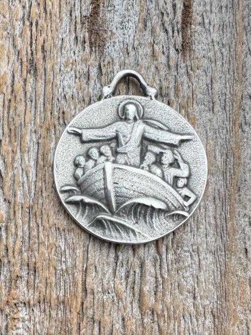 Antiqued Sterling Silver Jesus Calms the Storm Pendant, Antique Replica of Rare Medallion, Hand Engraved "My Jesus Calm the Storm", Necklace