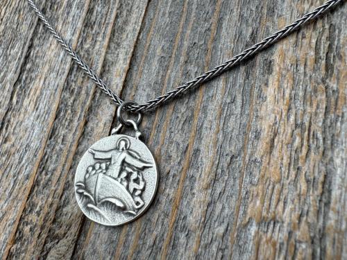 Antiqued Sterling Silver Jesus Calms the Storm Pendant, Antique Replica of Rare Medallion, Hand Engraved "My Jesus Calm the Storm", Necklace