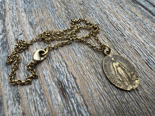Antiqued Gold Oval French Miraculous Medal Pendant, Antique Replica of Rare Adolph Penin Signed Medallion from France, French Piece of Art