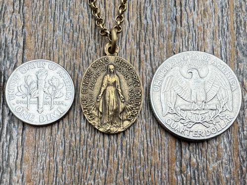 Antiqued Gold Oval French Miraculous Medal Pendant, Antique Replica of Rare Adolph Penin Signed Medallion from France, French Piece of Art