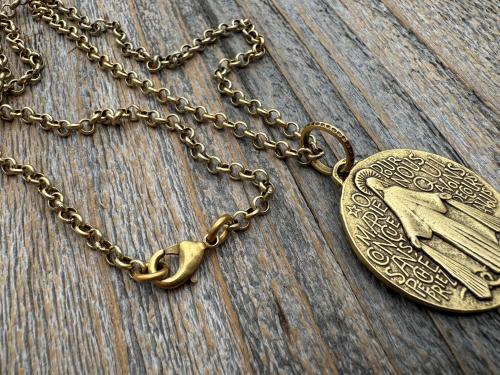 Antiqued Gold (non-maintenance) Large French Miraculous Medal with Fancy Ring, Antique Replica Signed by PCH & JB, Medallion from France MM1