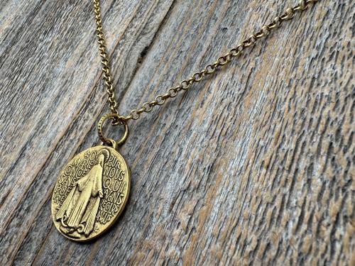 Antiqued Gold (non-maintenance) Large French Miraculous Medal with Fancy Ring, Antique Replica Signed by PCH & JB, Medallion from France MM1