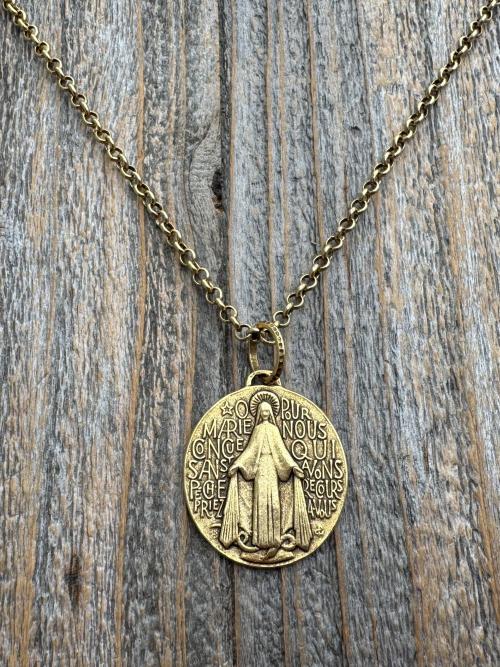 Antiqued Gold (non-maintenance) Large French Miraculous Medal with Fancy Ring, Antique Replica Signed by PCH & JB, Medallion from France MM1