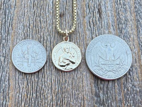 Gold St Gerard Majella Medal on Box Chain Necklace, French Antique Reproduction, Patron Saint of Expectant Mothers and Saint of Fertility