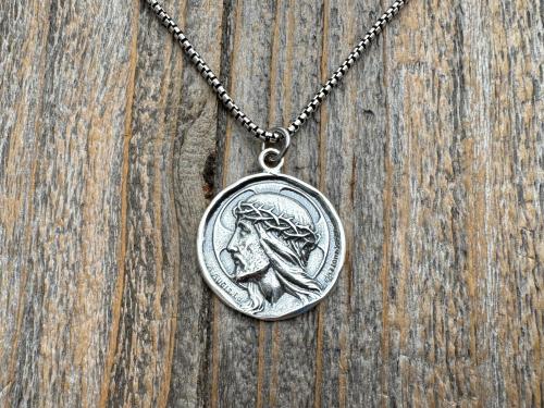 Sterling Silver Jesus Christ Pendant Medallion, Our Lord with Crown of Thorns, French Antique Replica Medal, Artists Augis & Mazzoni France