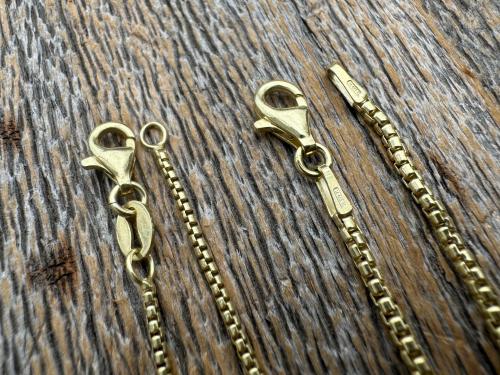 Gold Vermeil, 14k Gold over Solid Sterling Silver Box Chain Necklace Options, 1.1mm or 1.8mm Thickness, High Quality Gold Chain Necklace