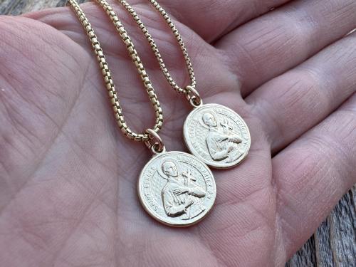 Gold St Gerard Majella Medal on Box Chain Necklace, French Antique Reproduction, Patron Saint of Expectant Mothers and Saint of Fertility
