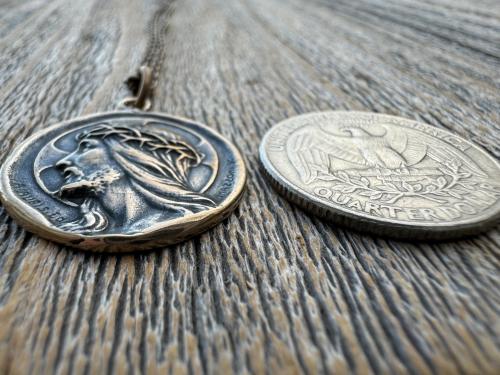 Bronze Jesus Christ Pendant Round Medallion, Our Lord with Crown of Thorns, French Antique Replica Medal, Artists Augis & Mazzoni France