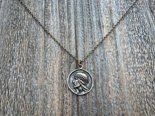 Bronze Jesus Christ Pendant Round Medallion, Our Lord with Crown of Thorns, French Antique Replica Medal, Artists Augis & Mazzoni France