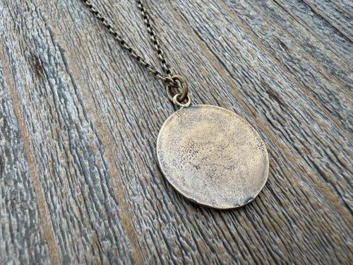 Bronze Jesus Christ Pendant Round Medallion, Our Lord with Crown of Thorns, French Antique Replica Medal, Artists Augis & Mazzoni France