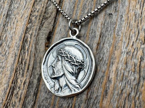 Sterling Silver Jesus Christ Pendant Medallion, Our Lord with Crown of Thorns, French Antique Replica Medal, Artists Augis & Mazzoni France