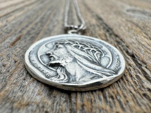 Sterling Silver Jesus Christ Pendant Medallion, Our Lord with Crown of Thorns, French Antique Replica Medal, Artists Augis & Mazzoni France