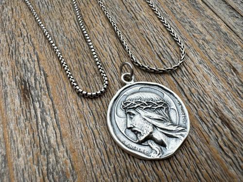 Sterling Silver Jesus Christ Pendant Medallion, Our Lord with Crown of Thorns, French Antique Replica Medal, Artists Augis & Mazzoni France