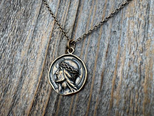 Bronze Jesus Christ Pendant Round Medallion, Our Lord with Crown of Thorns, French Antique Replica Medal, Artists Augis & Mazzoni France
