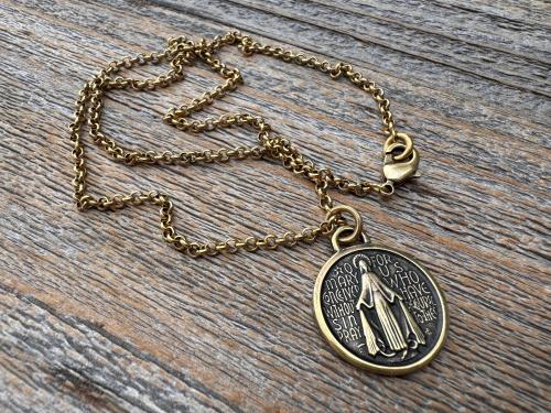 Antiqued Gold Round Miraculous Medal Pendant, Antique Replica of Rare JB & PCH Signed Circle Medallion, Artists Balme and Chambault Necklace
