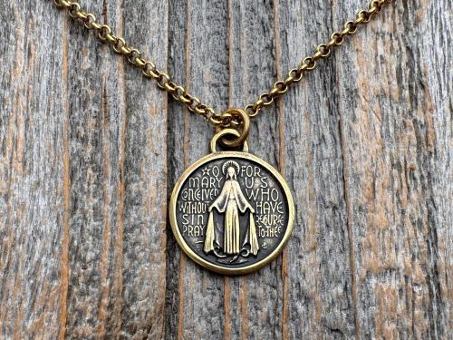 Antiqued Gold Round Miraculous Medal Pendant, Antique Replica of Rare JB & PCH Signed Circle Medallion, Artists Balme and Chambault Necklace